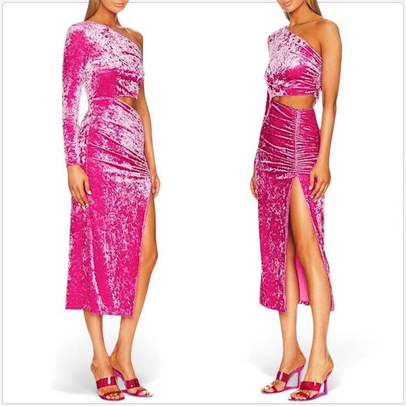 Saylor Niamh Pink Stretch Velvet Asymmetrical Side Cut Out Midi Dress NWT New XS - Picture 2 of 9